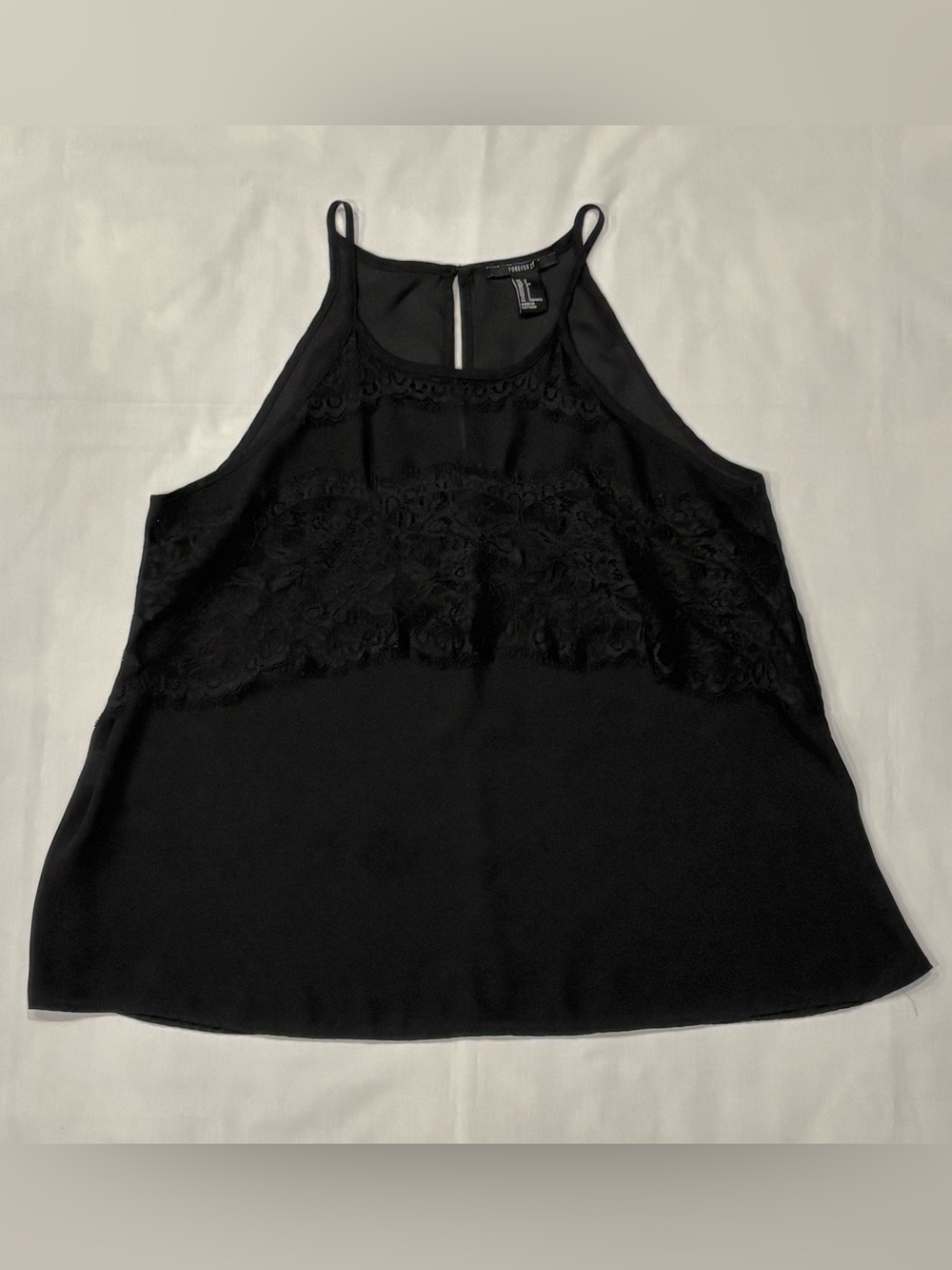 Forever 21 Black Lace Cami Tank Top High Neck Sheer Chiffon Keyhole Small